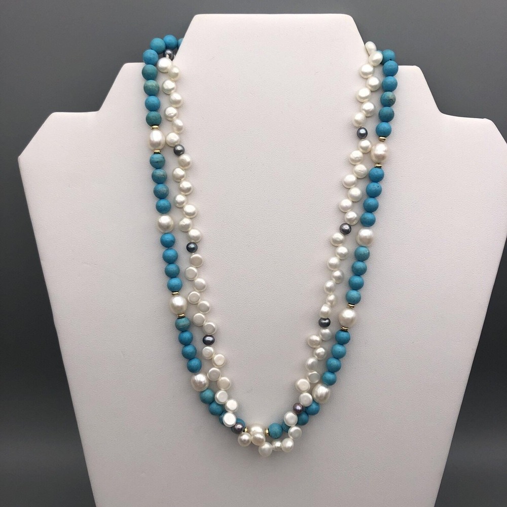 Zoe B 14K Necklace Gold Beaded Turquoise and Freshwater Pearl Double Strand 18"